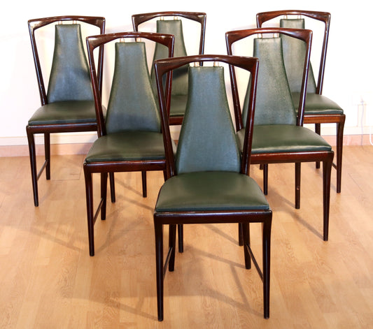 Set van 6 stoelen uit het midden van de 20e eeuw van Osvaldo Borsani, Atelier Borsani Varedo, mahonie, palissander, leer en messing, Italië, jaren 1950.