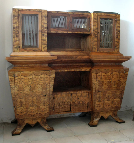 Art Deco tweedelig houten dressoir in de Italiaanse Romeinse stijl, gemaakt voor minister Bottai in 1933.