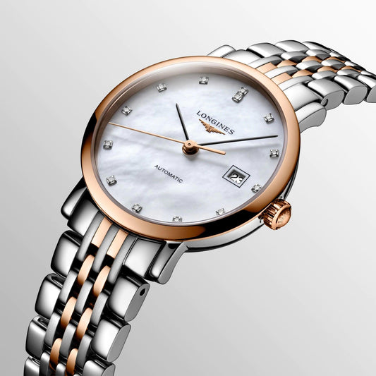 Longines Elegant Collection 29mm automatisch uurwerk met parelmoeren diamanten, stalen kast en roségouden afwerking L4.310.5.87.7