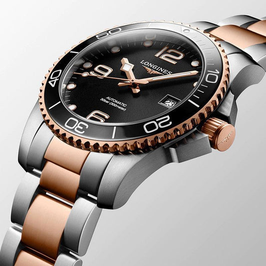 Longines HydroConquest 43mm Zwart Automatisch Horloge van Staal met Roségouden PVD-afwerking L3.782.3.58.7