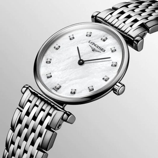 Longines La Grande Classique 24mm horloge met parelmoeren wijzerplaat, diamanten en stalen kast, quartz uurwerk L4.209.4.87.6