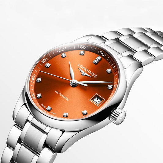 Longines Master Collection 34mm Automatisch Horloge van Staal met Oranje Diamant L2.357.4.08.6