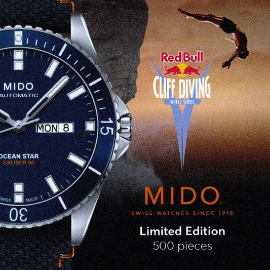 Mido horloge Ocean Star Red Bull Cliff Diving gelimiteerde oplage 500 stuks 42mm blauw automatisch staal M026.430.17.041.00