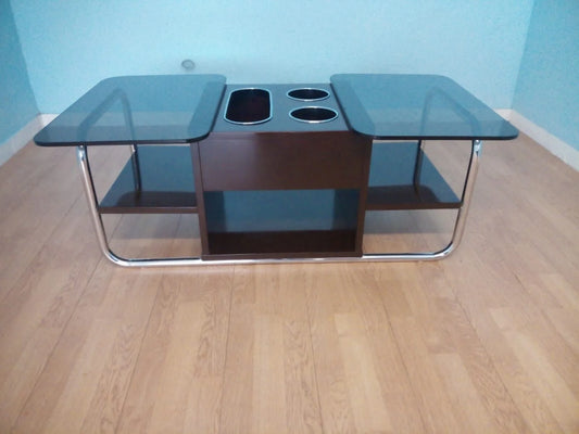 Vintage bartafel uit de jaren 70 met glazen en verchroomde metalen bladen, prachtig, met geïntegreerde glashouder.