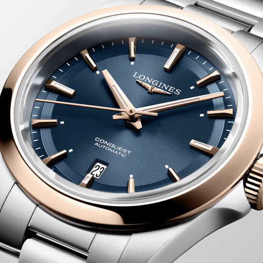 Longines Conquest 30mm Blauw Automatisch Horloge van Staal met Roségouden PVD-afwerking L3.320.5.92.6