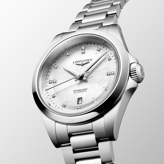 Longines horloge Conquest 30mm parelmoer diamanten automatisch staal L3.320.4.87.6