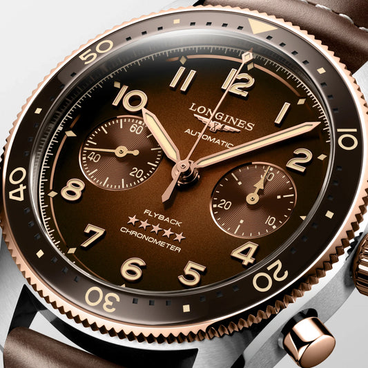 Longines Spirit Flyback 42mm Bruin Automatisch Horloge van Staal en 18kt Roségoud L3.821.5.59.2