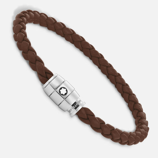 Montblanc stalen armband met 3 ringen en Meisterstück bruin leren band, maat L 13600268