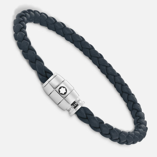 Montblanc armband van staal met 3 ringen en Meisterstück blauwgrijs leer maat L 13601468