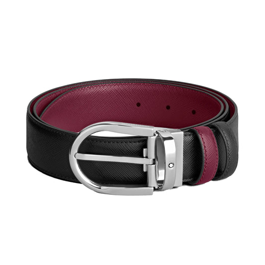 Montblanc 35 mm omkeerbare riem in zwart/gestreept leer met hoefijzergesp 199638
