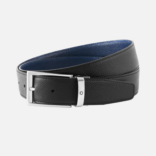 Montblanc riem 35mm trapeziumgesp leer Sartorial omkeerbaar zwart blauw verstelbare lengte 118438