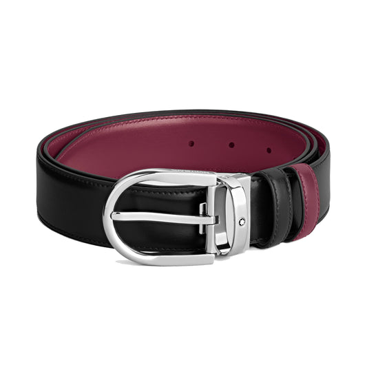 Montblanc 35 mm omkeerbare riem in zwart/cassis leer met hoefijzergesp 199640