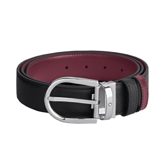 Montblanc omkeerbare riem 35 mm zwart korrelig leer/cassis met hoefijzervormige gesp 199665