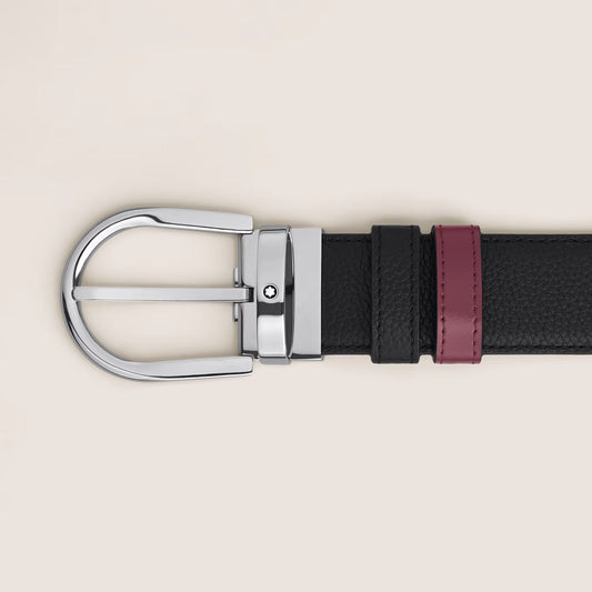 Montblanc omkeerbare riem 35 mm zwart korrelig leer/cassis met hoefijzervormige gesp 199665