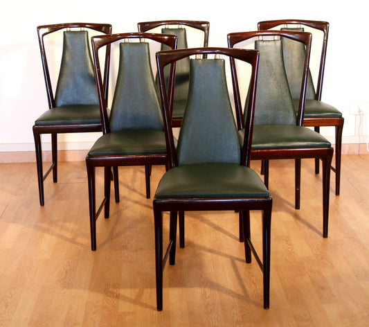 Set 6 sedie di metà secolo di Osvaldo Borsani, Atelier Borsani Varedo, mogano, palissandro pelle e ottone, Italia, anni '50