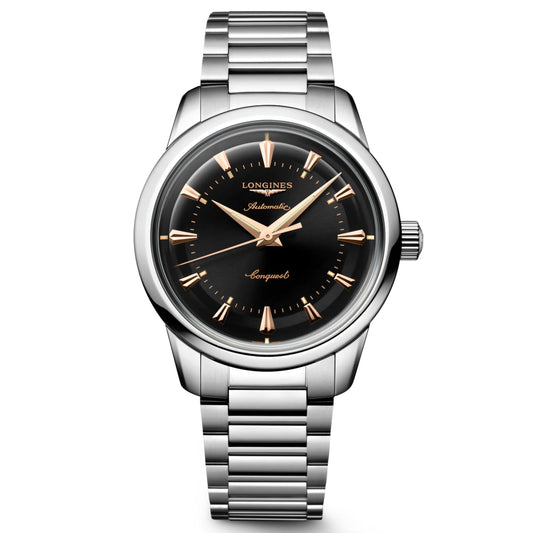 Longines horloge Conquest Heritage 38mm zwart automatisch staal L1.649.4.52.6