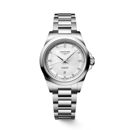 Longines horloge Conquest 30mm parelmoer diamanten automatisch staal L3.320.4.87.6