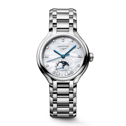 Longines Primaluna Moonphase 34mm automatisch horloge van parelmoer, diamant en staal L8.126.4.87.6