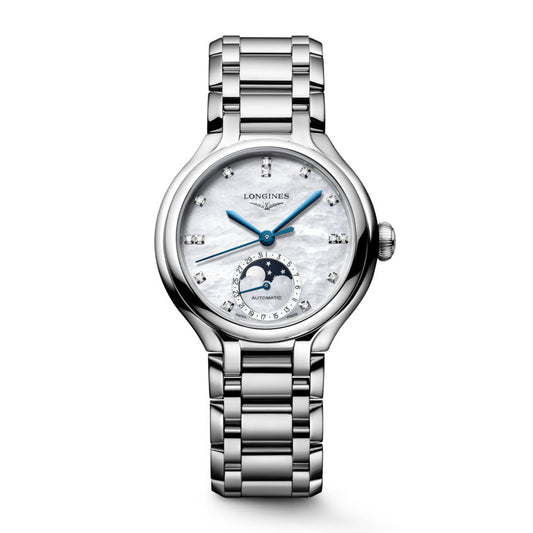Longines Primaluna Moonphase 34mm automatisch horloge van parelmoer, diamant en staal L8.126.4.87.6
