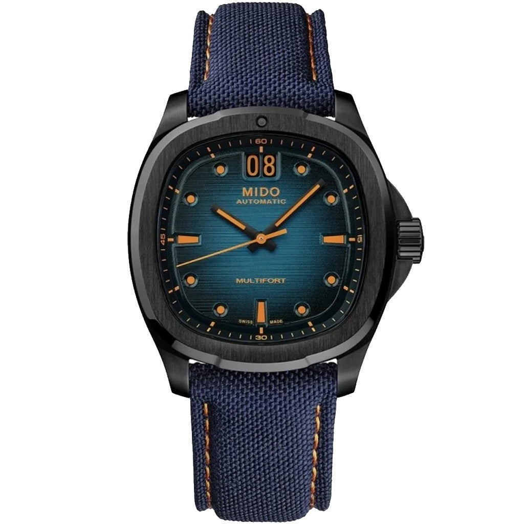 Mido Multifort TV Big Date 39x40mm blauw automatisch horloge van staal met zwarte PVD-afwerking M049.526.37.041.00