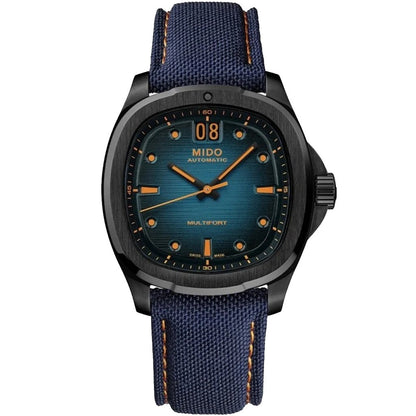 Mido Multifort TV Big Date 39x40mm blauw automatisch horloge van staal met zwarte PVD-afwerking M049.526.37.041.00