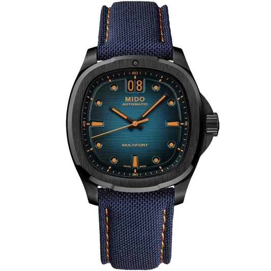 Mido Multifort TV Big Date 39x40mm blauw automatisch horloge van staal met zwarte PVD-afwerking M049.526.37.041.00