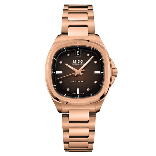 Mido horloge Multifort TV 35mm bruin diamanten automatisch staal PVD afwerking roségoud M049.307.33.296.00