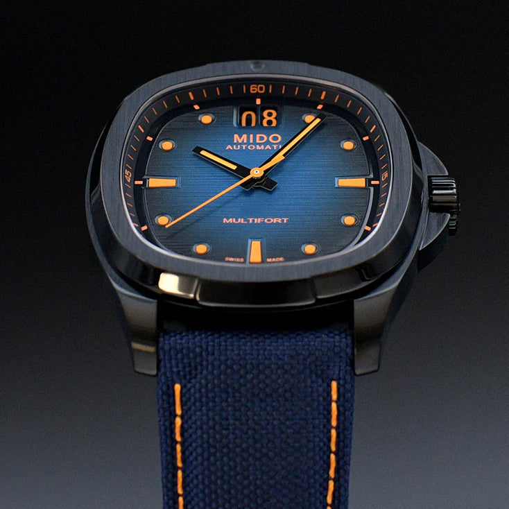 Mido Multifort TV Big Date 39x40mm blauw automatisch horloge van staal met zwarte PVD-afwerking M049.526.37.041.00