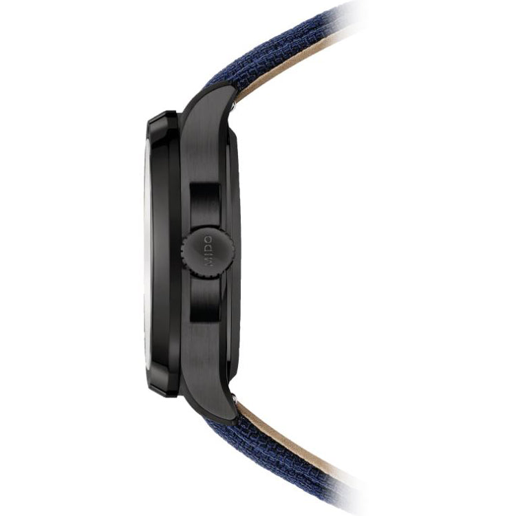 Mido Multifort TV Big Date 39x40mm blauw automatisch horloge van staal met zwarte PVD-afwerking M049.526.37.041.00
