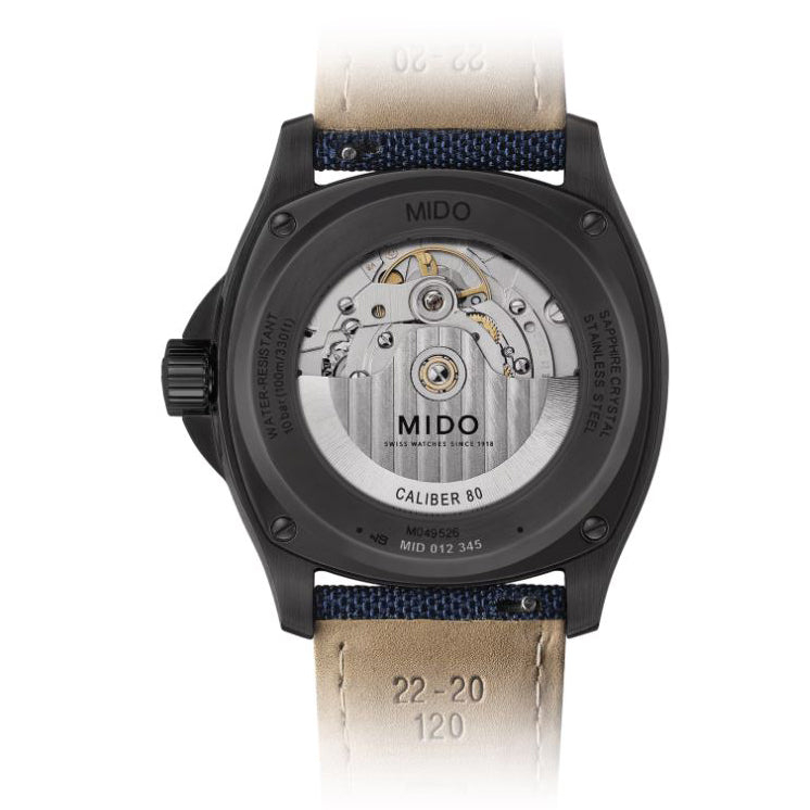 Mido Multifort TV Big Date 39x40mm blauw automatisch horloge van staal met zwarte PVD-afwerking M049.526.37.041.00