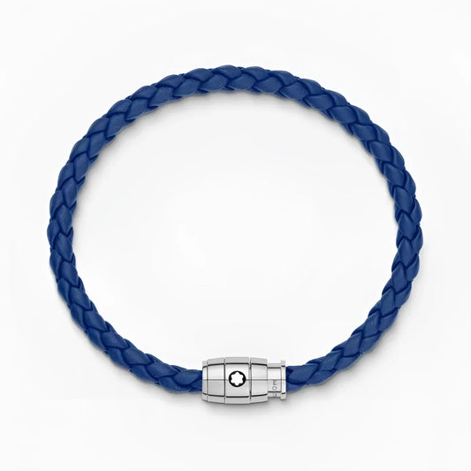 Bracciale Montblanc in pelle blu misura M con chiusura a 3 anelli in acciaio e logo sul fermaglio