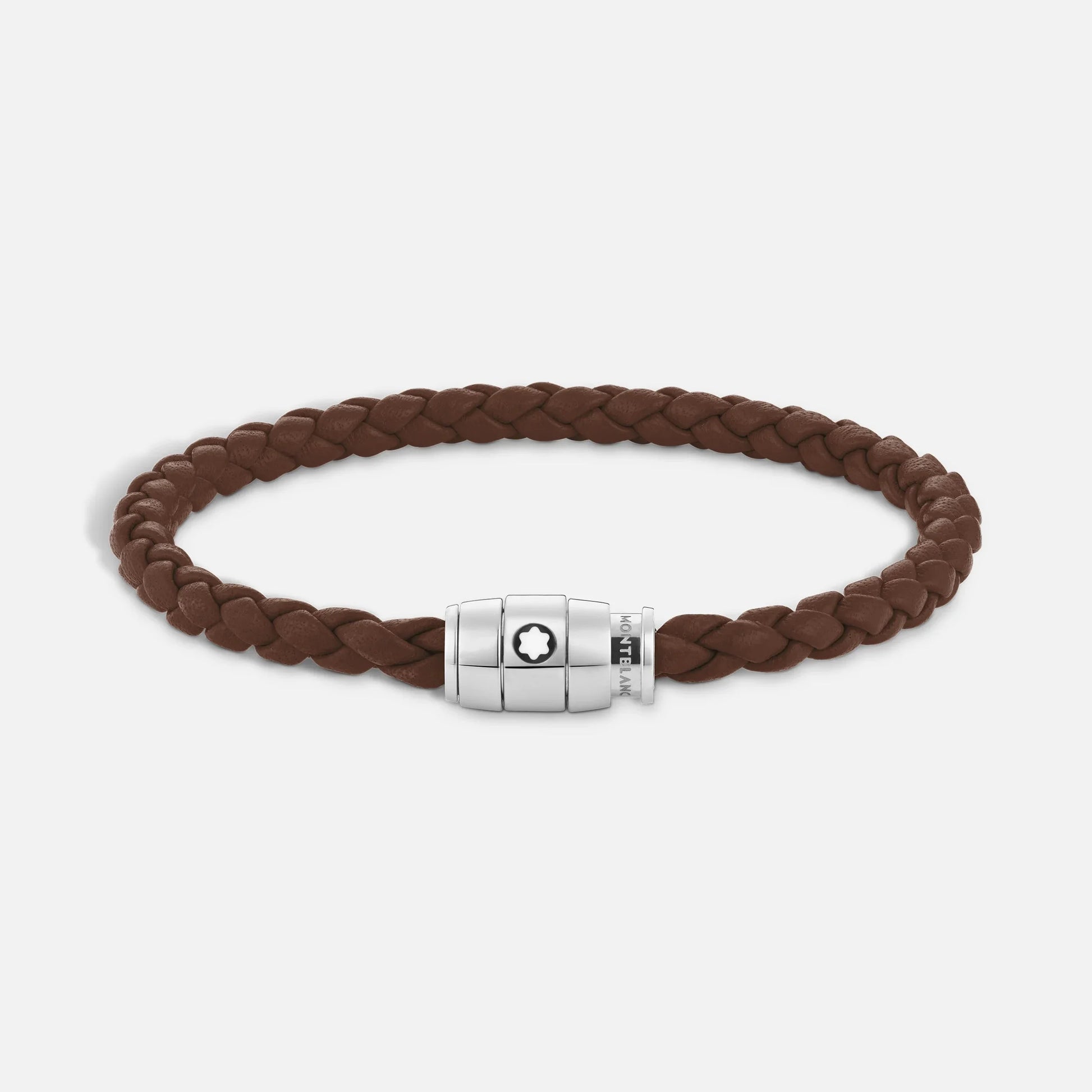 Bracciale montblanc marrone fulvo in pelle intrecciata con chiusura magnetica in acciaio pregiato lucido impreziosito
