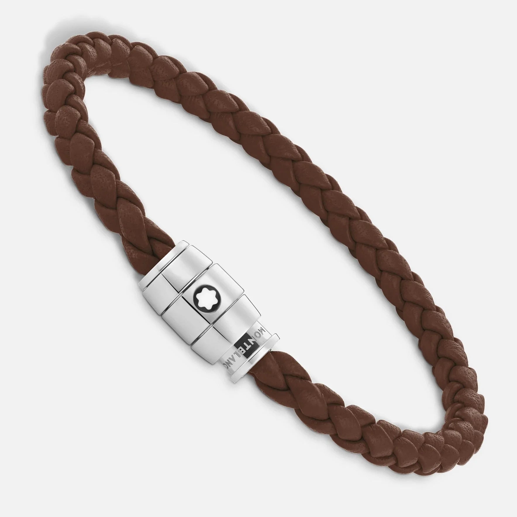 Bracciale marrone fulvo in pelle intrecciata con chiusura magnetica in acciaio pregiato lucido impreziosito montblanc