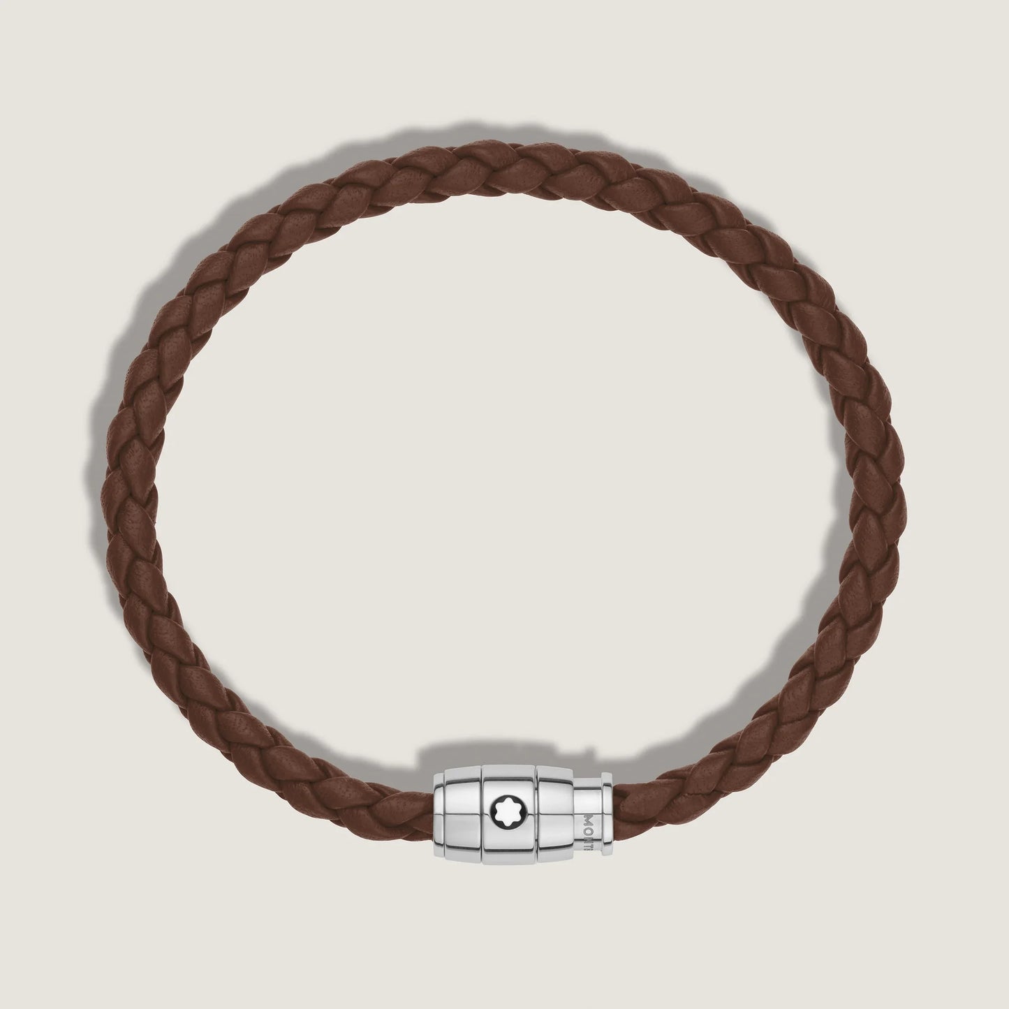 Montblanc bracciale marrone fulvo in pelle intrecciata con clasp magnetico in acciaio pregiato lucido impreziosito