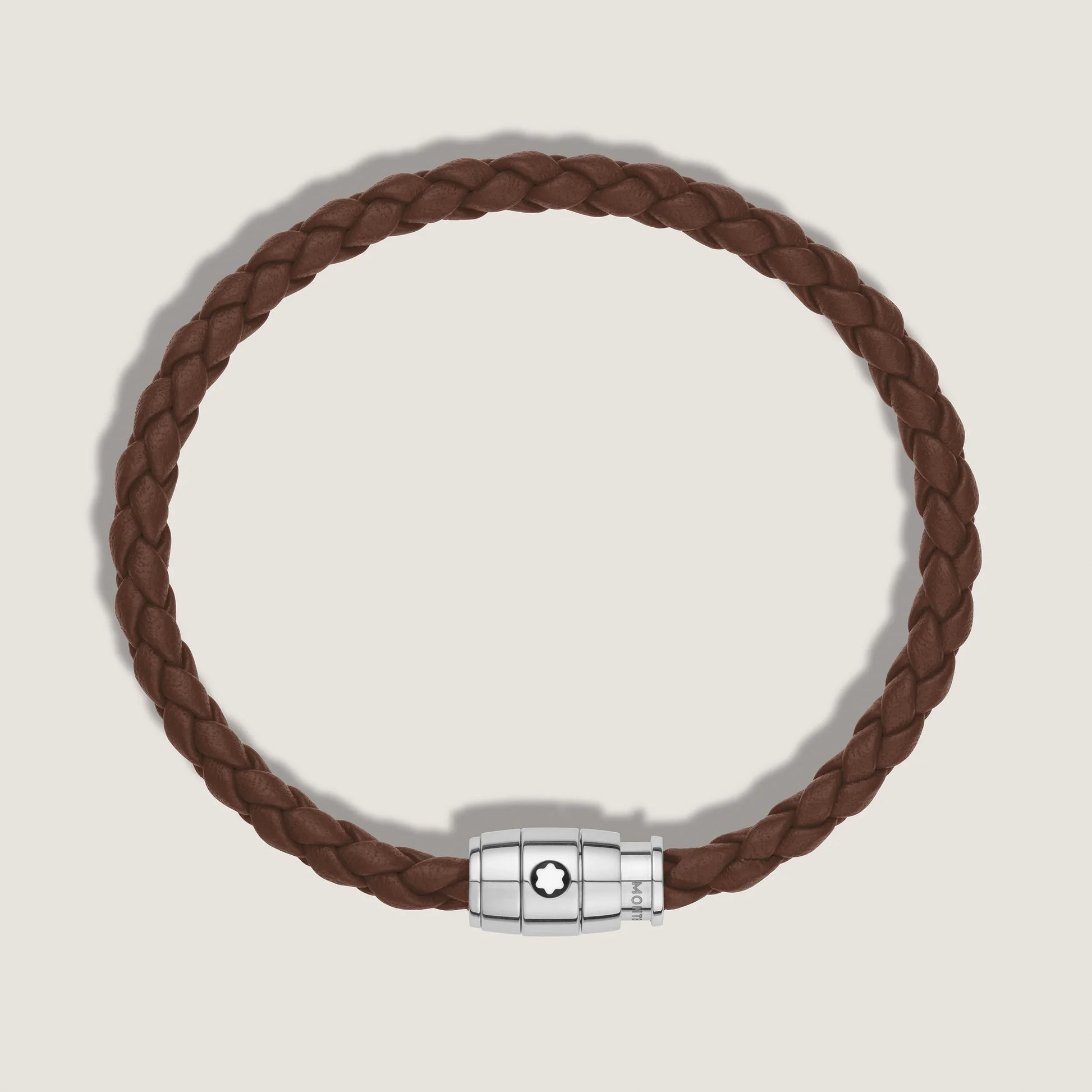 Montblanc bracciale marrone fulvo in pelle intrecciata con clasp magnetico in acciaio pregiato lucido impreziosito