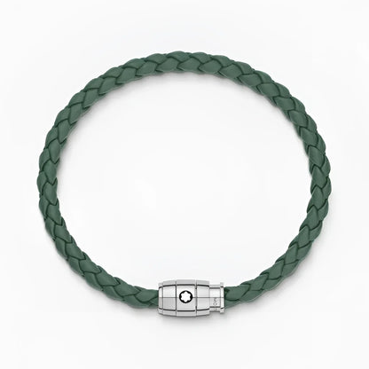 Bracciale montblanc in pelle peltro verde scuro con chiusura rettangolare in acciaio con logo montblanc unisce l’eleganza