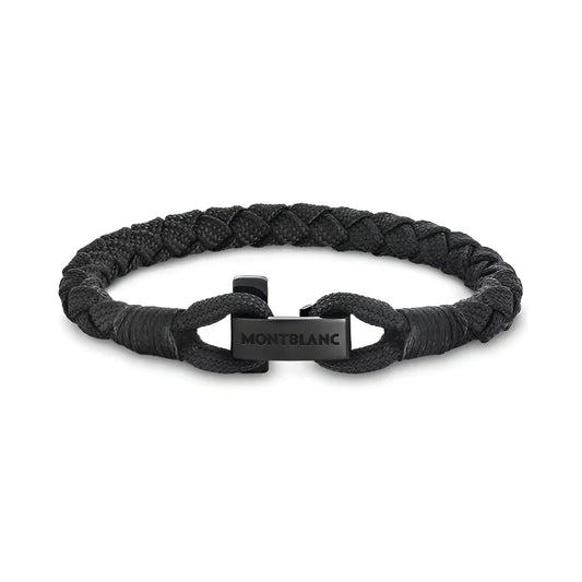Montblanc bracciale montblanc nero in pelle intrecciata con chiusura a t in metallo opaco inciso montblanc misura m