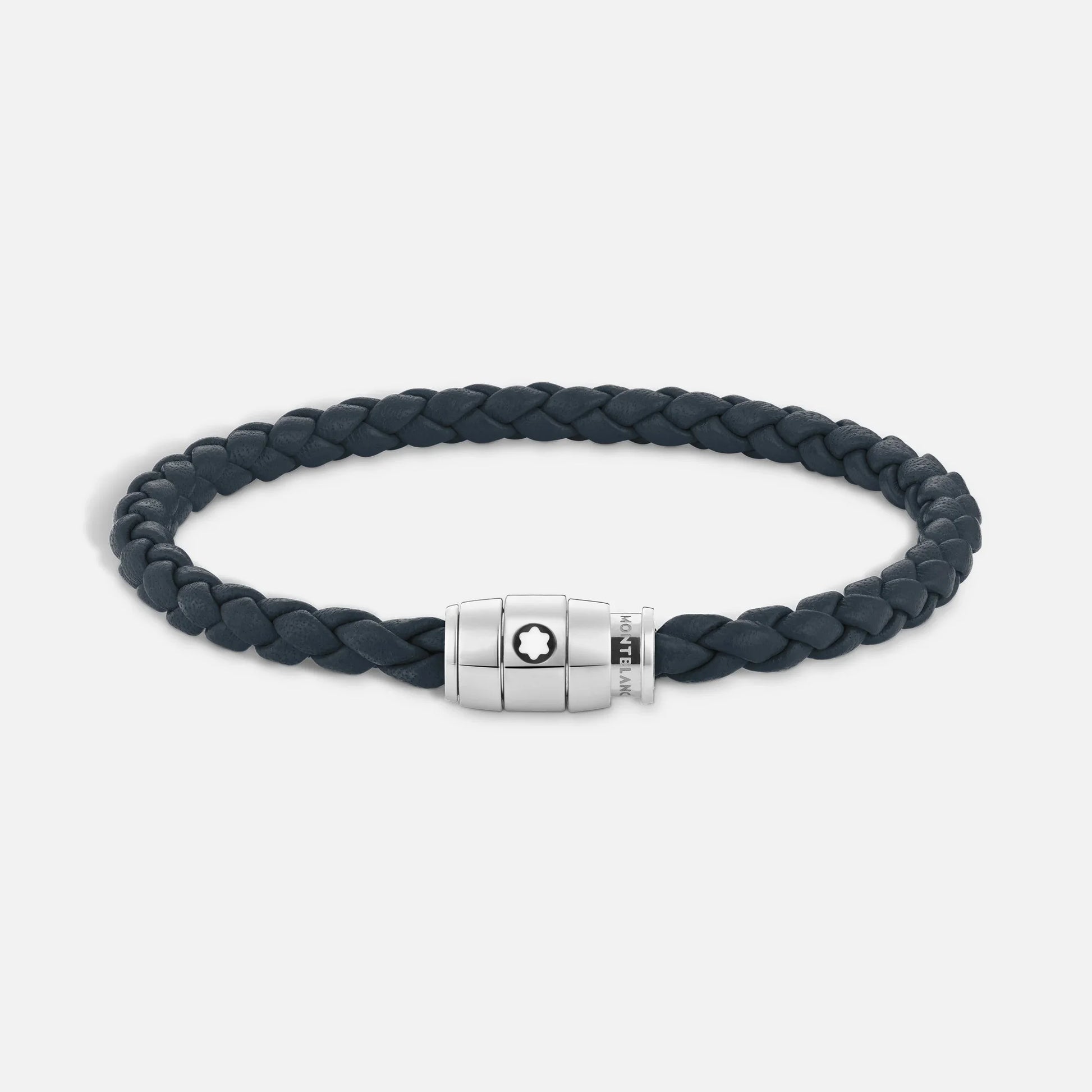 Montblanc bracciale con tre anelli in pelle blu avio e acciaio pregiato lucido impreziosito con emblem star