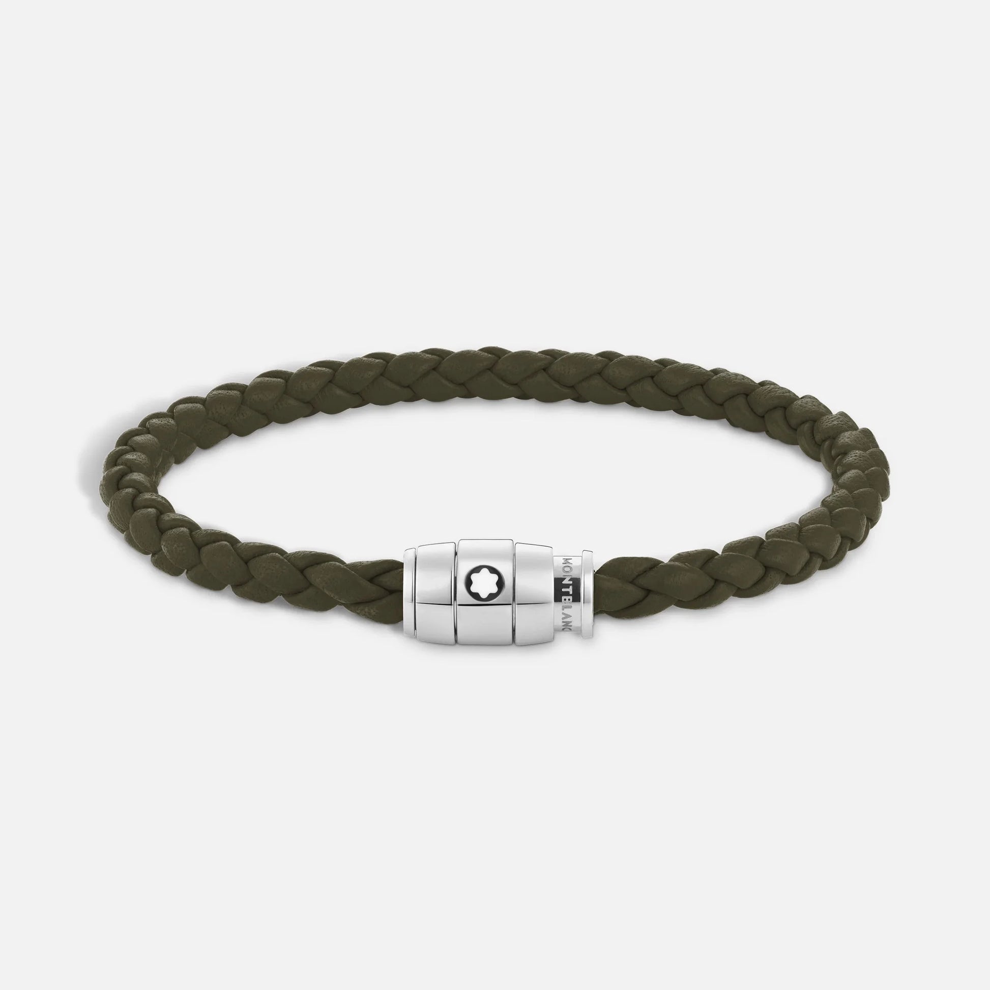 Montblanc bracciale kaki in pelle intrecciata con chiusura magnetica in acciaio pregiato lucido impreziosito