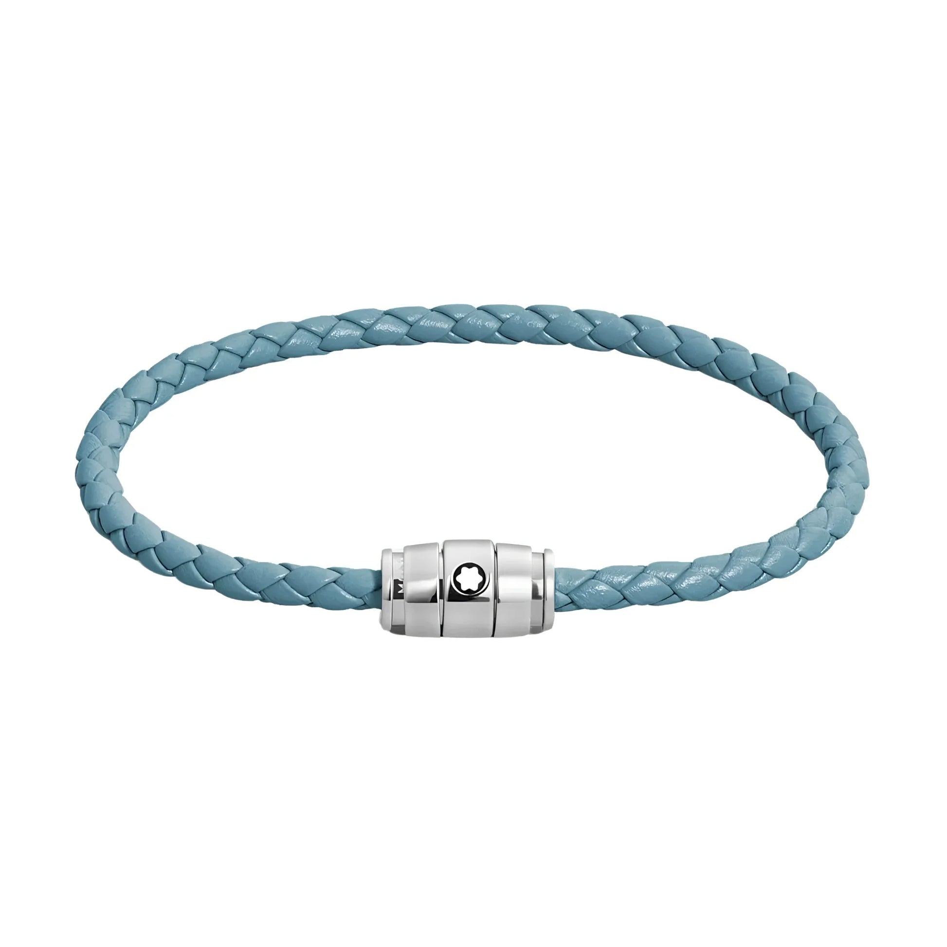 Bracciale montblanc in pelle meisterstück blu fumè intrecciata con chiusura magnetica argento con logo montblanc