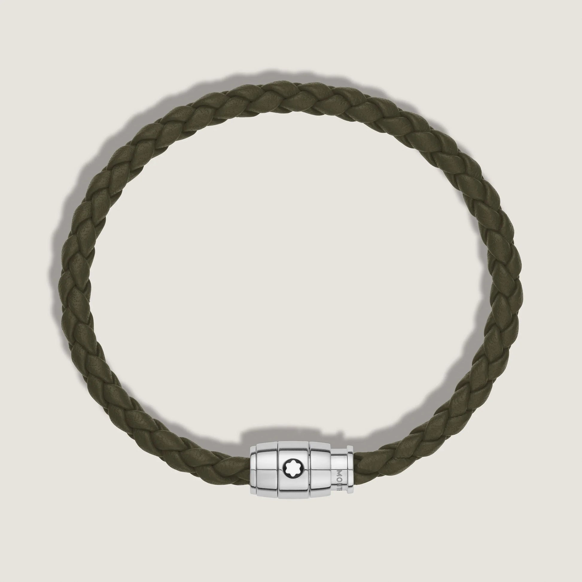 Bracciale montblanc in pelle kaki intrecciata con chiusura magnetica in acciaio pregiato lucido impreziosito
