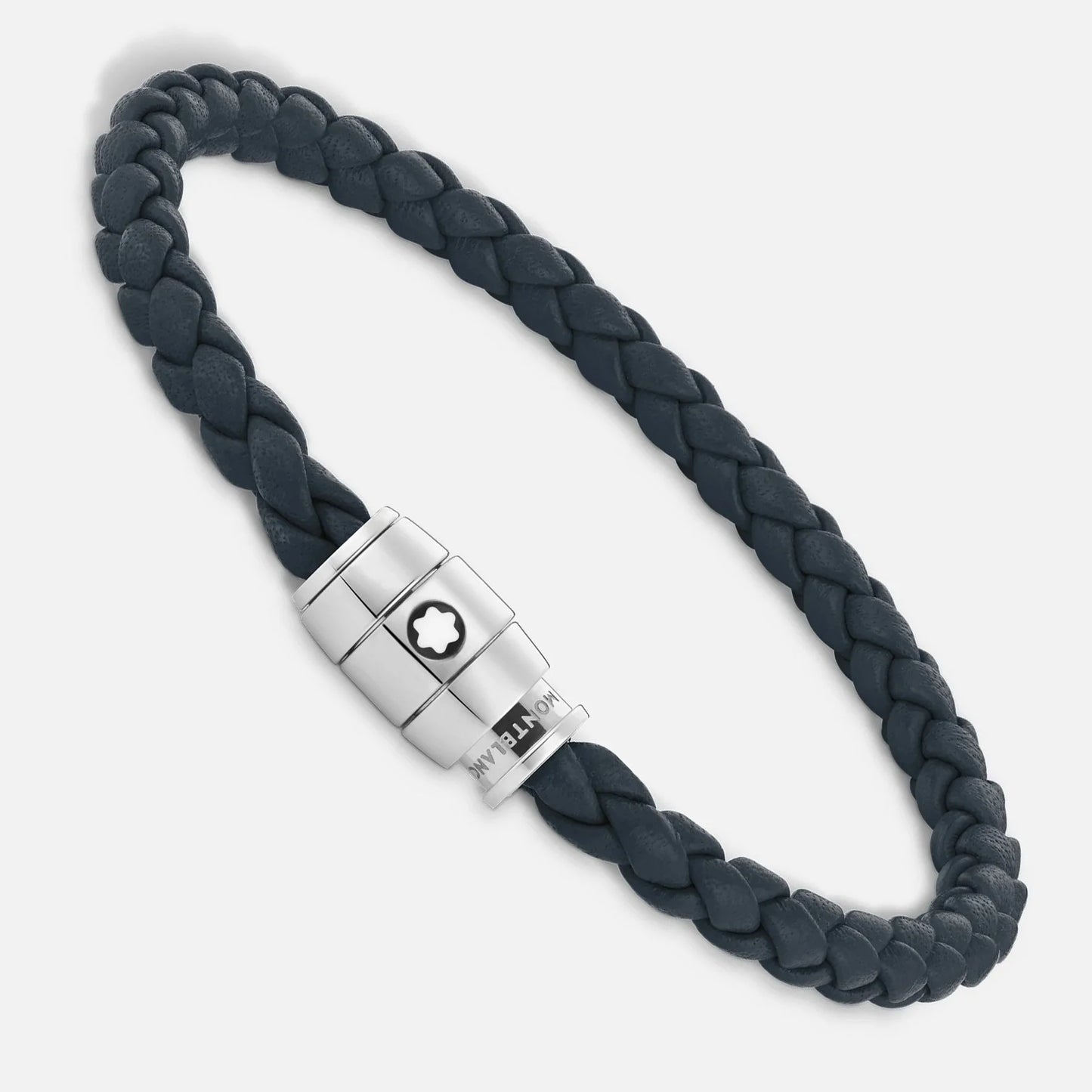 Bracciale montblanc in pelle blu avio con tre anelli e chiusura magnetica in acciaio pregiato lucido