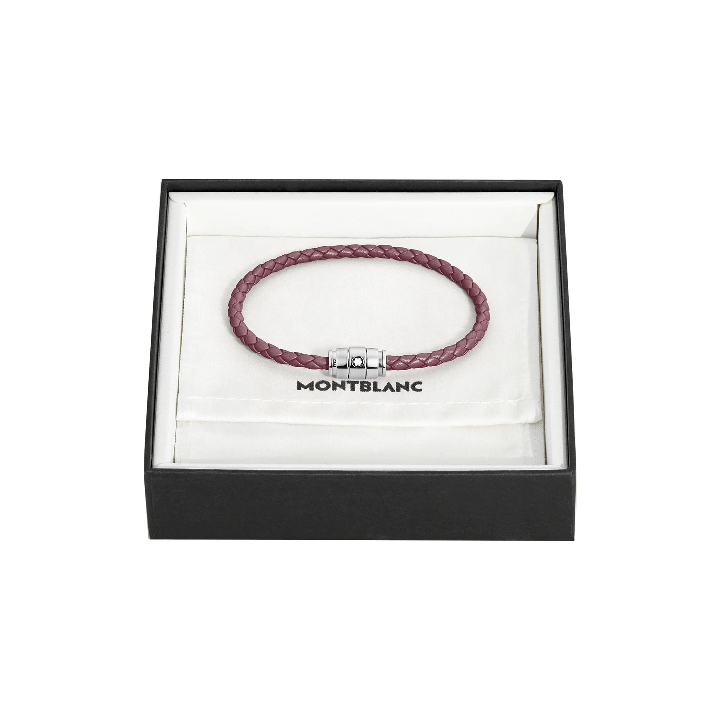 Bracciale montblanc in pelle meisterstück cassis burgundy con tre anelli in acciaio e chiusura metallica in scatola regalo
