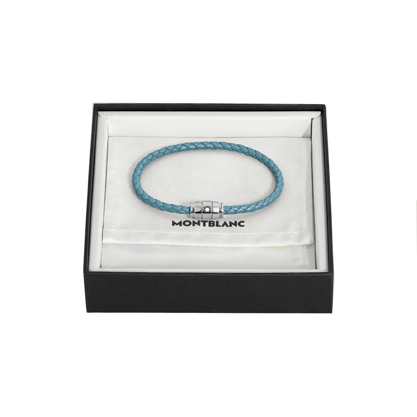 Montblanc bracciale in pelle meisterstück blu fumè intrecciata con chiusura in metallo presentato in confezione regalo montblanc