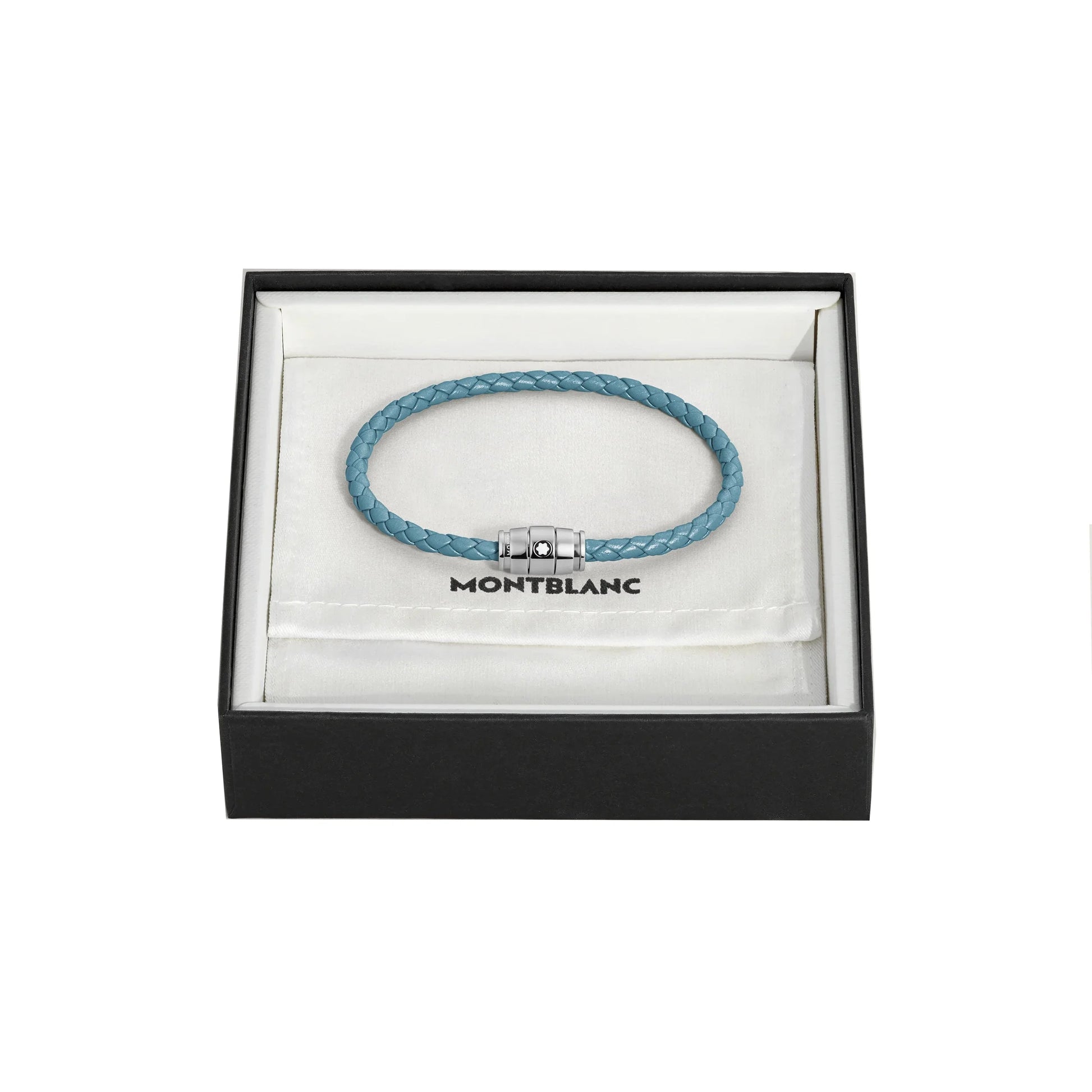 Montblanc bracciale in pelle meisterstück blu fumè intrecciata con chiusura in acciaio presentato in scatola regalo
