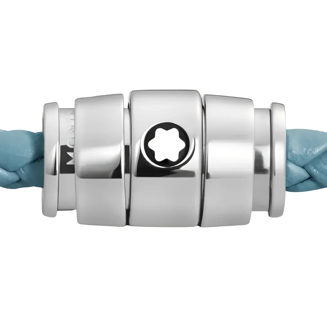 Silver-toned magnetic clasp with a star emblem on a braided pelle meisterstück blu fumè leather cord