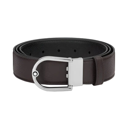 Montblanc cintura 35mm in pregiata pelle granulata ebano con fibbia ferro di cavallo argento e logo montblanc