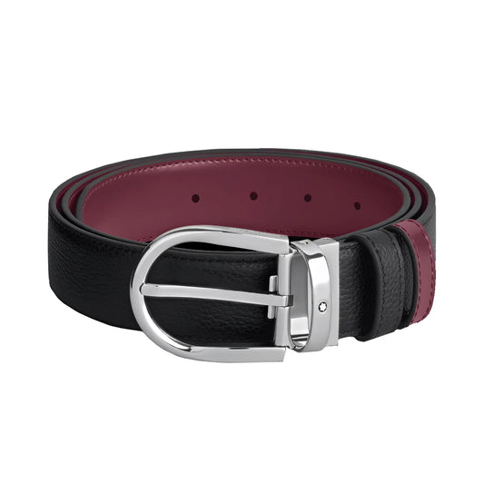 Cintura reversibile montblanc 35 mm in pelle nera granulata con interno cassis e fibbia in argento lucido