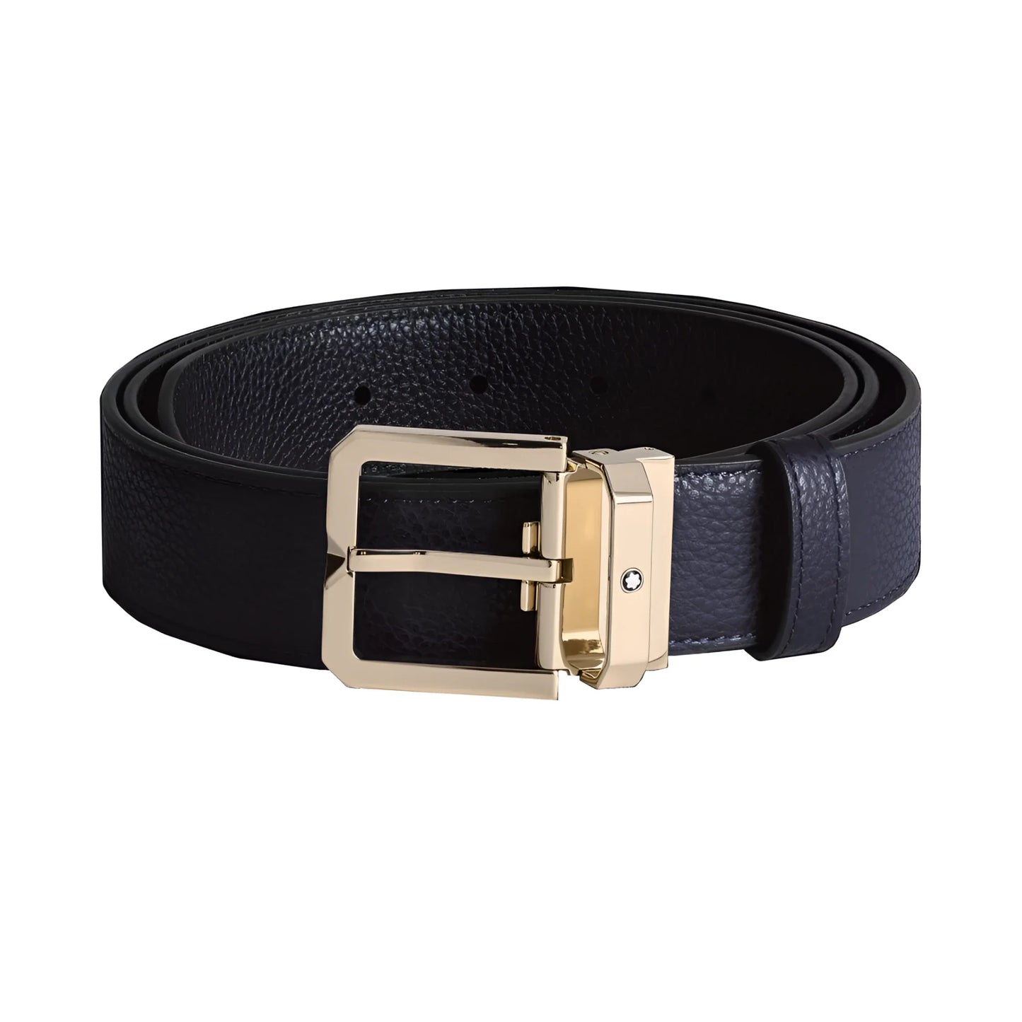 Elegante montblanc cintura 35mm in pelle nera reversibile con fibbia a ferro di cavallo finitura oro chiaro