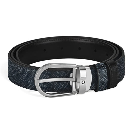 Cintura reversibile montblanc in denim nero con fibbia argento con logo montblanc unisce eleganza e versatilità